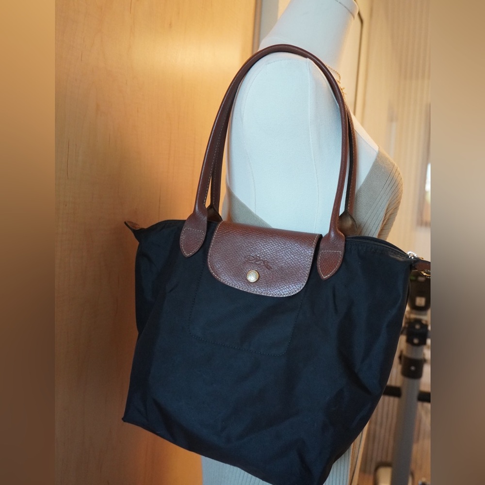 Longchamp Black Tote with Brown Leather Accents